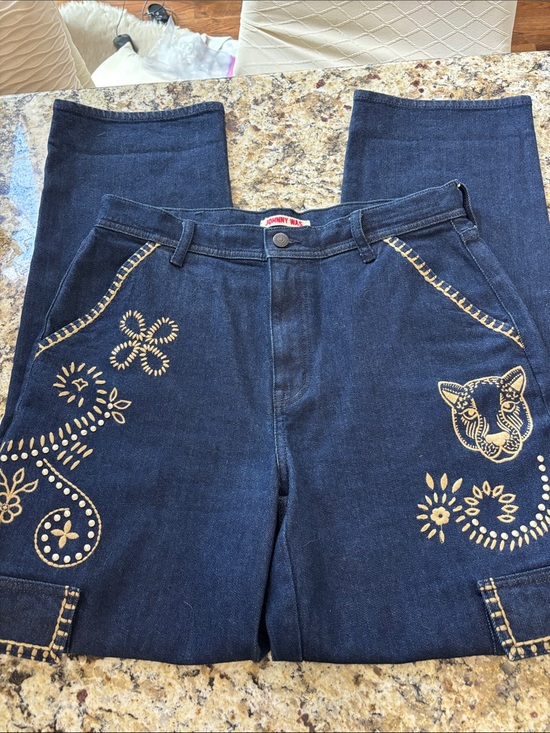 Johnny Was Denim - Johnny Was Navy Boot Cut Jeans with Cream Embroidery Rare